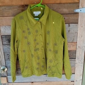 New Women's Lime Green Jacket Embroidered Flowers Silk Size Medium